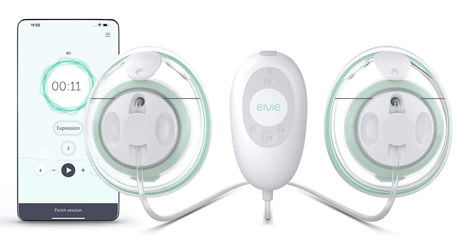 An Elvie Stride breast pump and phone displaying the app on a white background.
