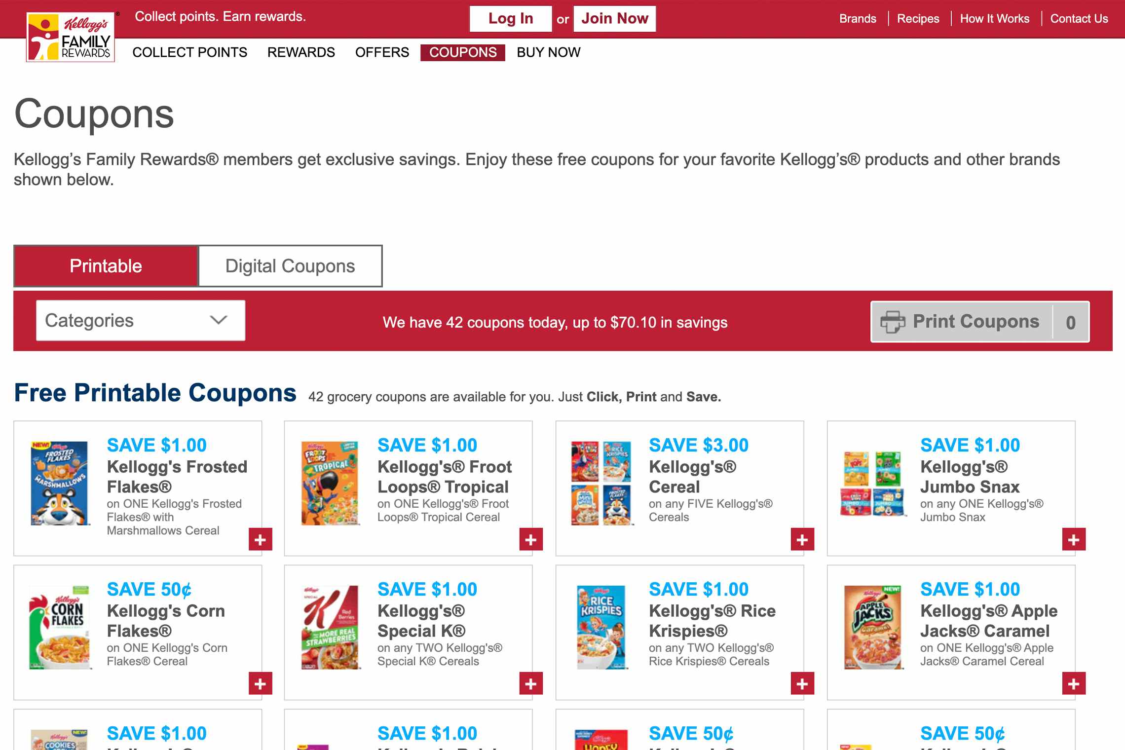 Kellogg's website page with coupons to print.