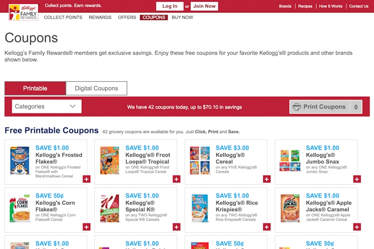 Kellogg's website page with coupons to print.