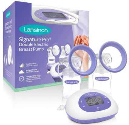 A Lansinoh SignaturePro Double breast pump on a white background.