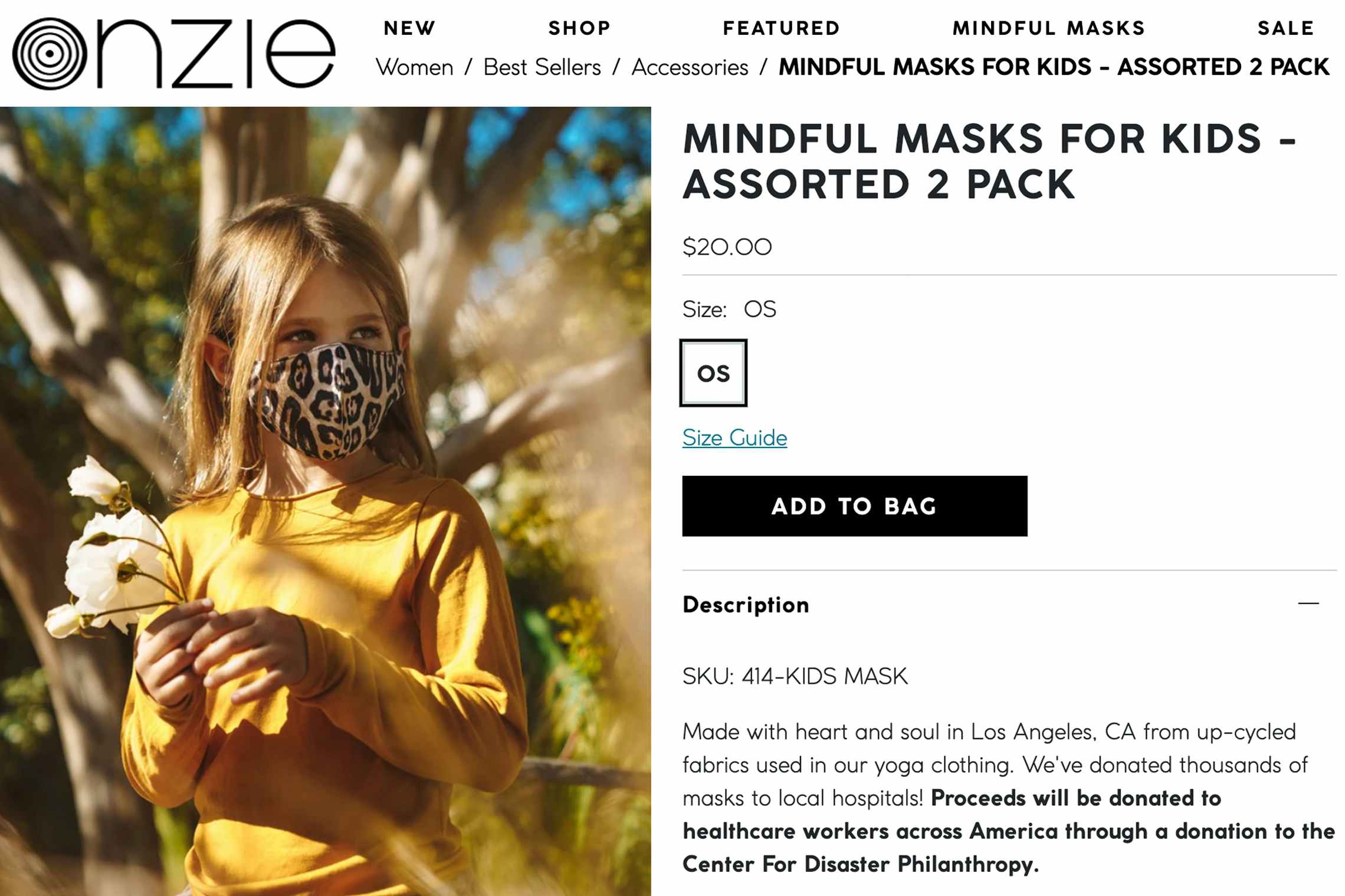 Screenshot of kids fabric face mask from Onzie.com