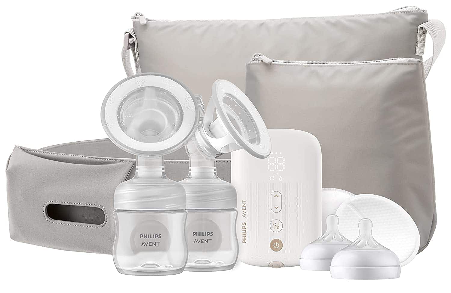 A Philips Avent Advanced breast pump and accessories on a white background.