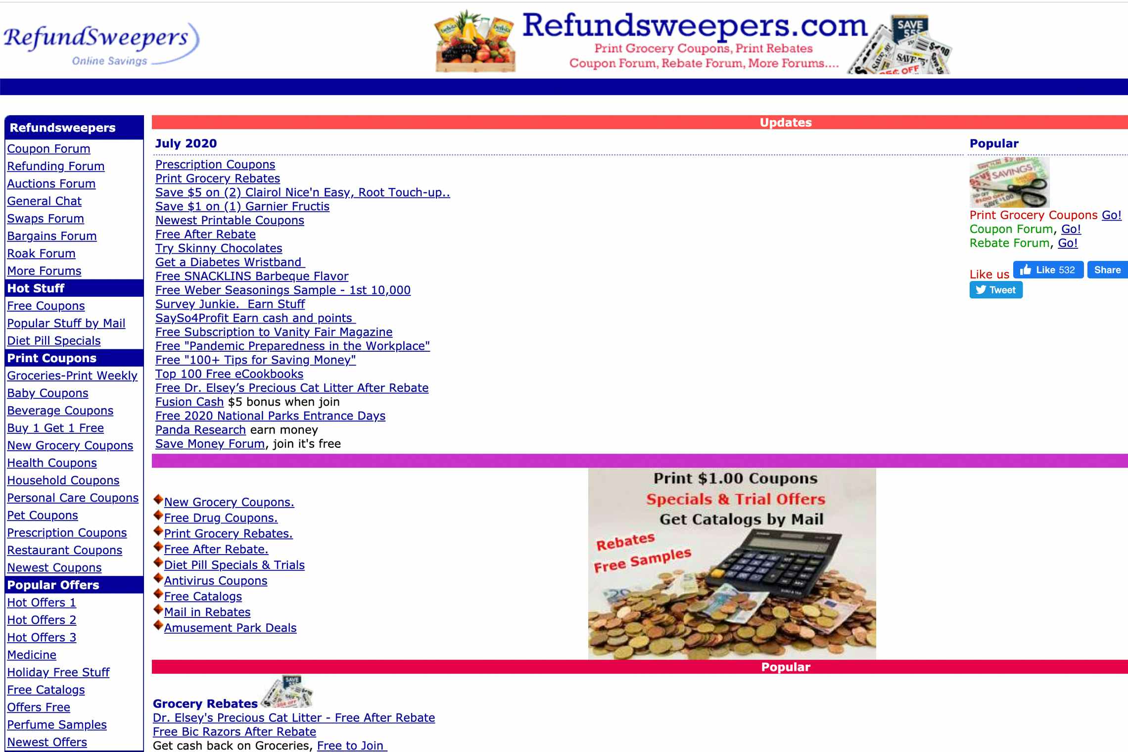 The homepage for Refundsweepers website for trading coupons.