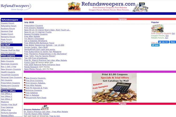 The homepage for Refundsweepers website for trading coupons.