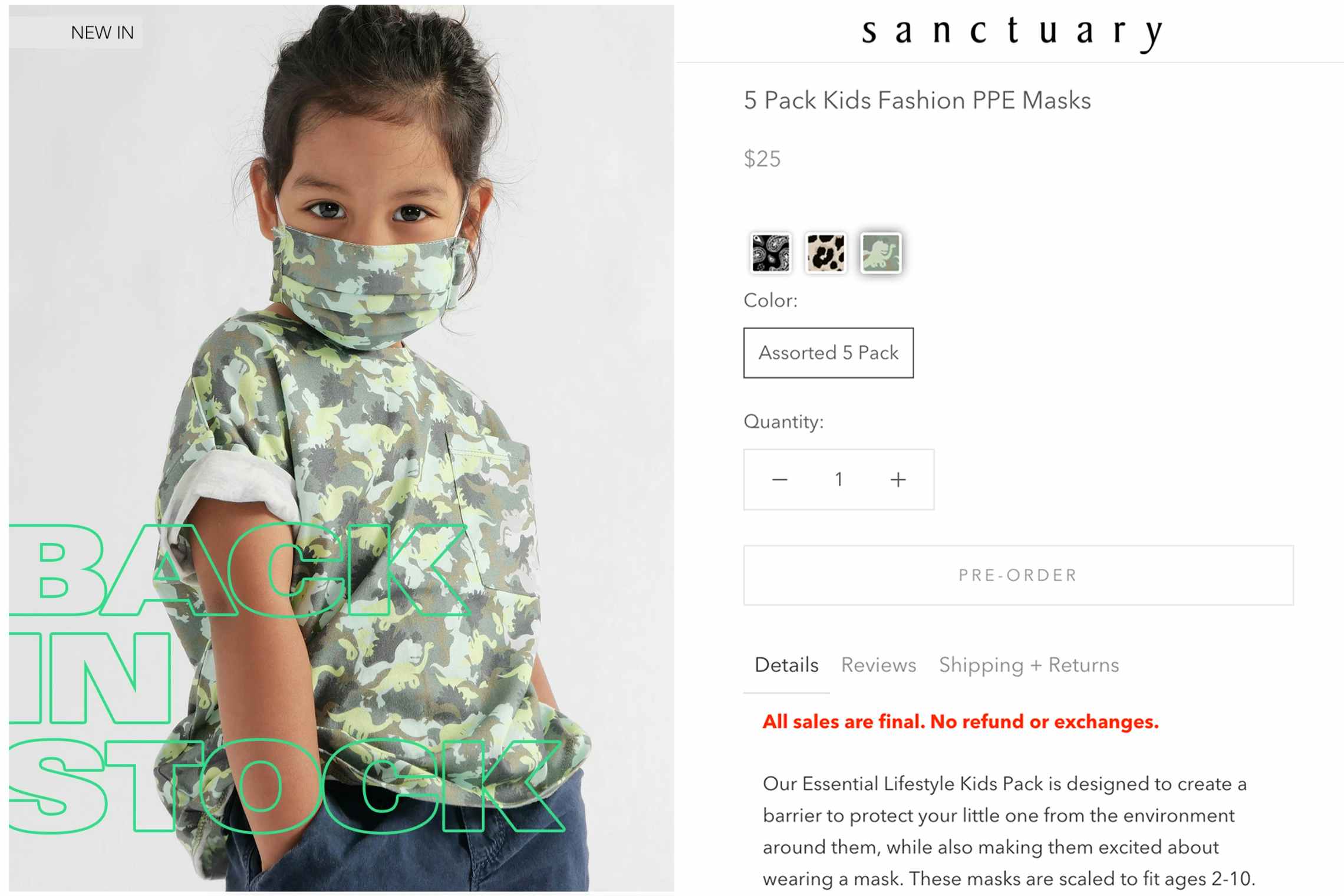Screenshot of kids face masks from Senctuary