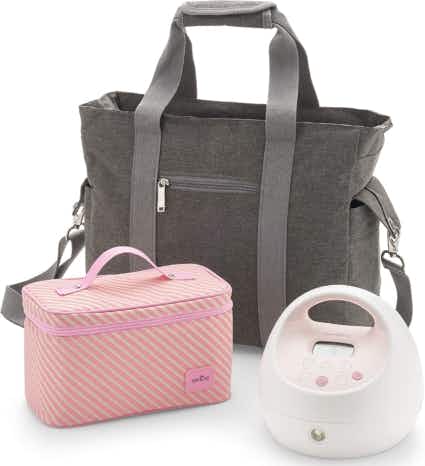 A Spectra S2 breast pump and carrying case on a white background.