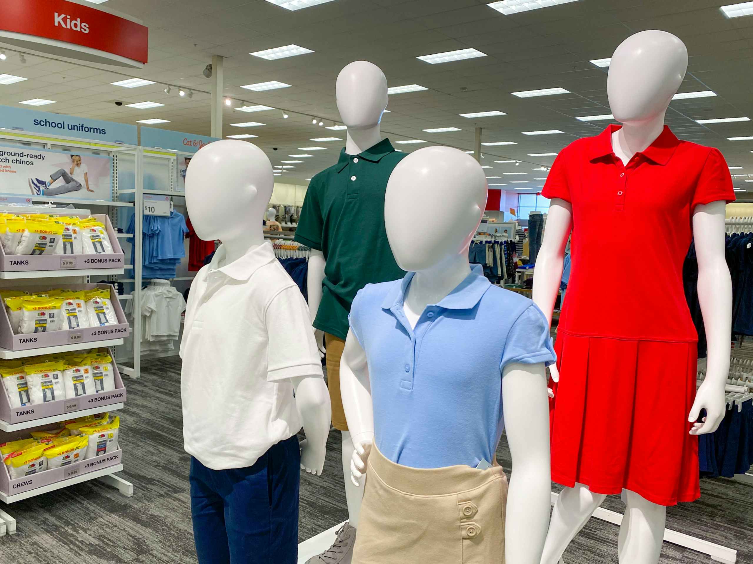 The Cat & Jack school uniform section mannequins displayed at Target.