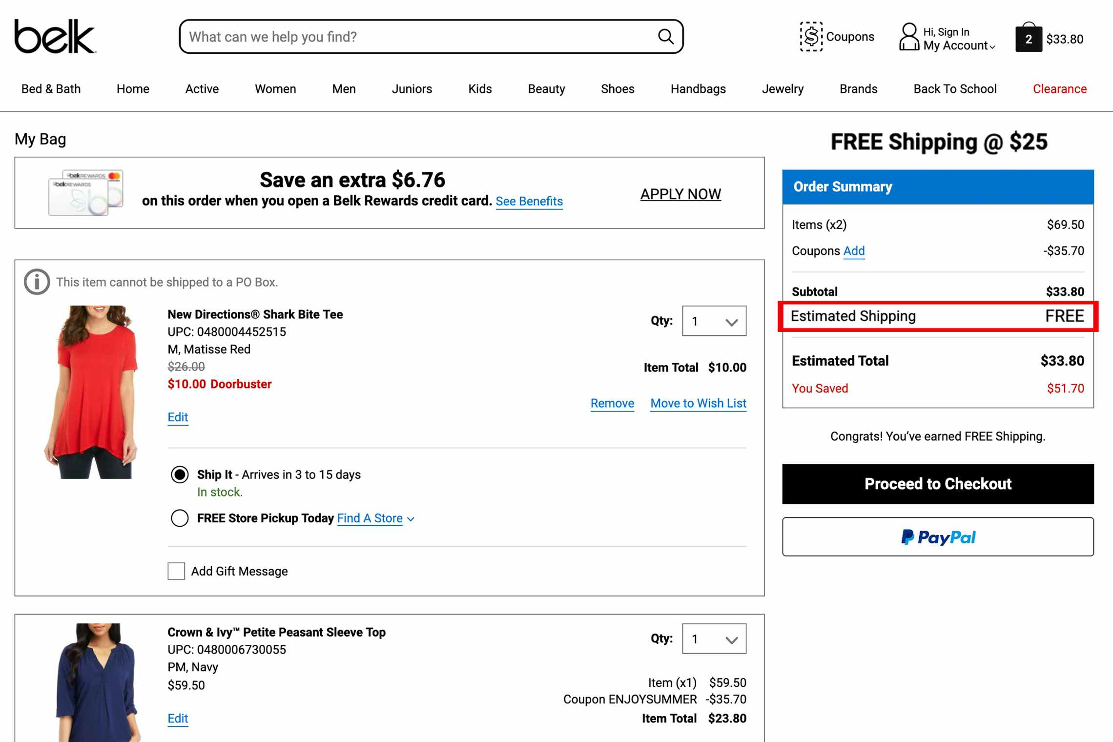 Checkout portal from Belk.com with a red box around "estimated shipping, free