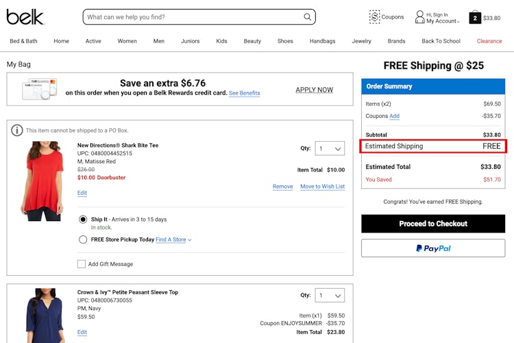 Checkout portal from Belk.com with a red box around "estimated shipping, free