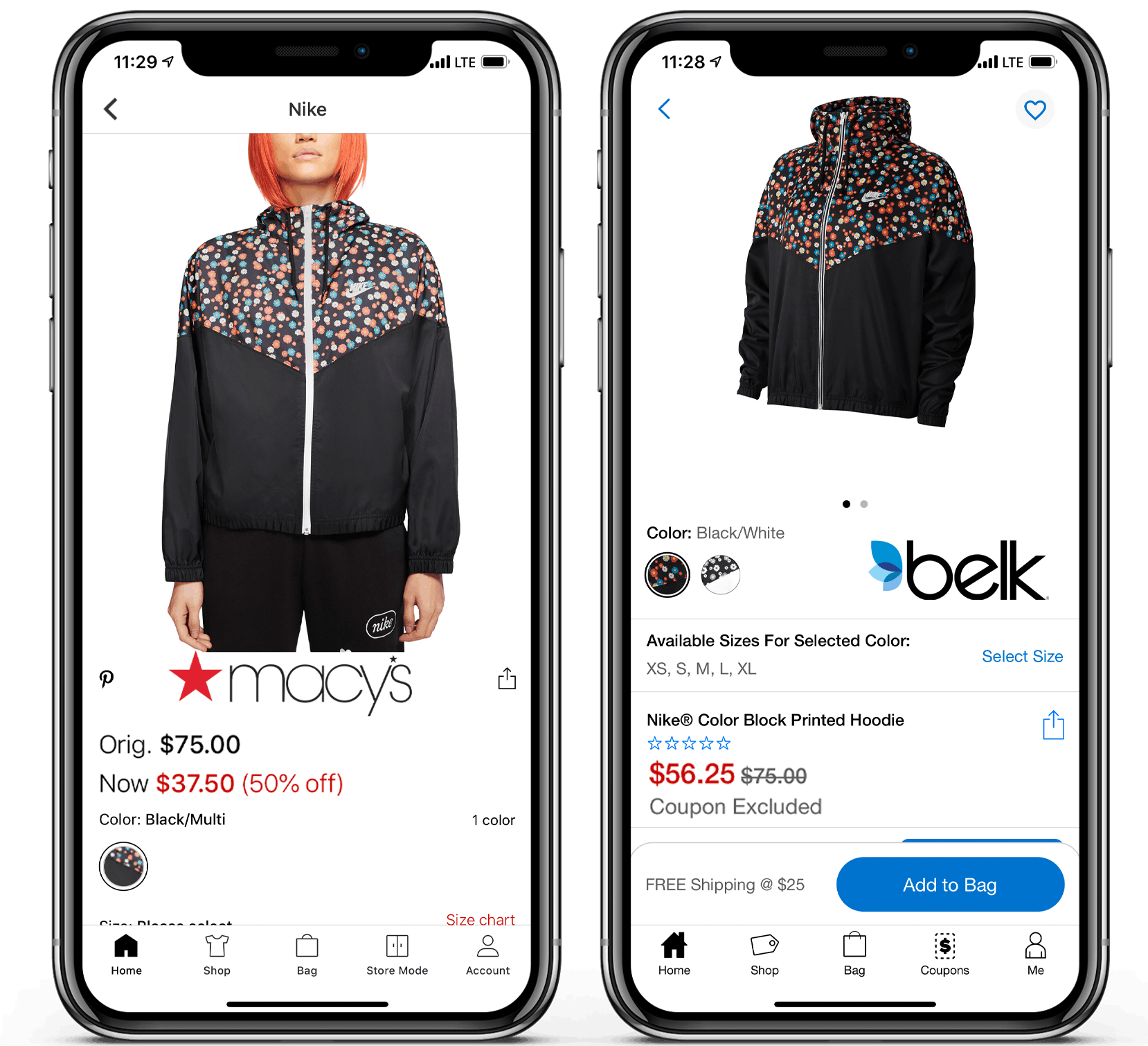 Side by side price comparison of the same product at Belk and Macys