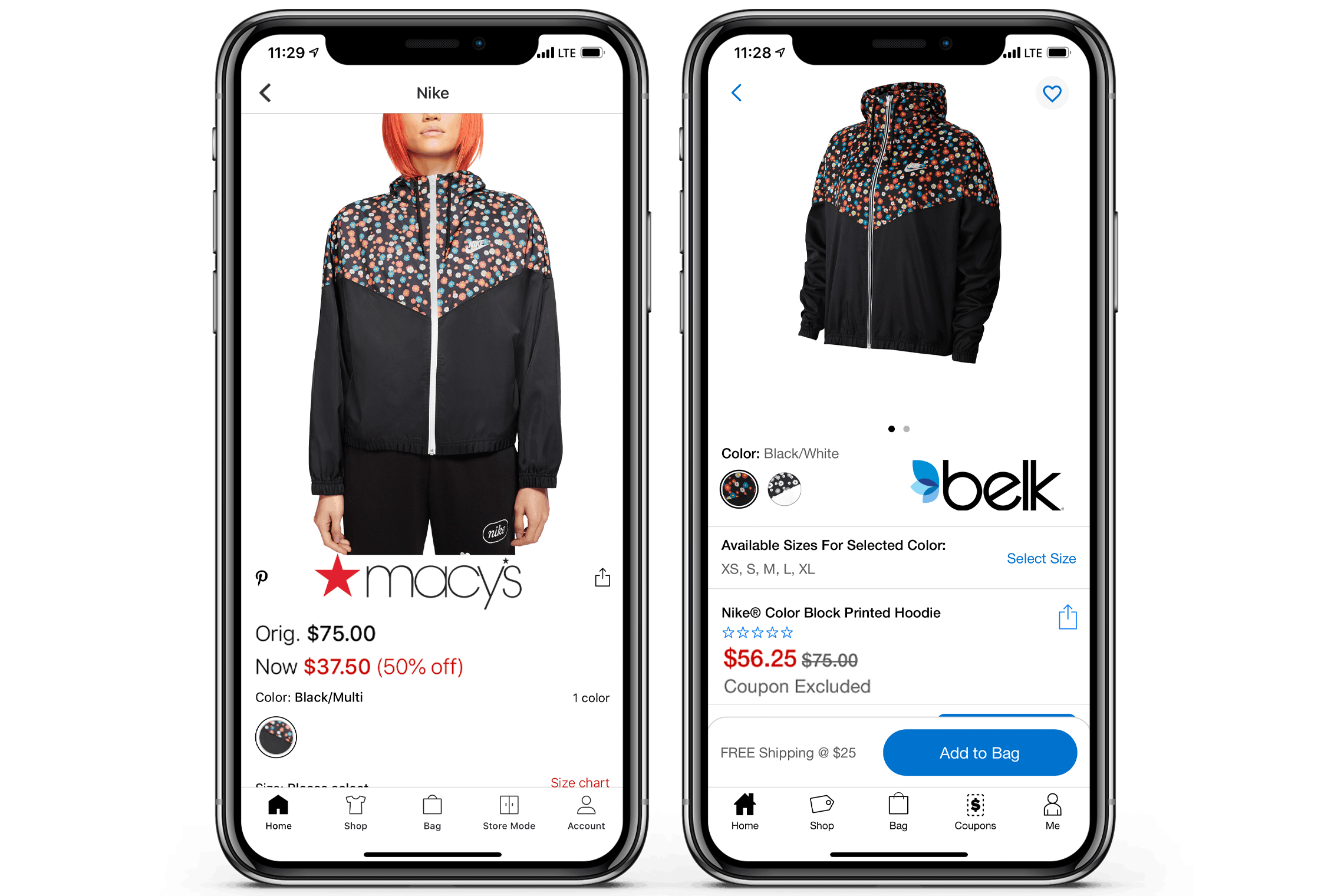 Side by side price comparison of the same product at Belk and Macys