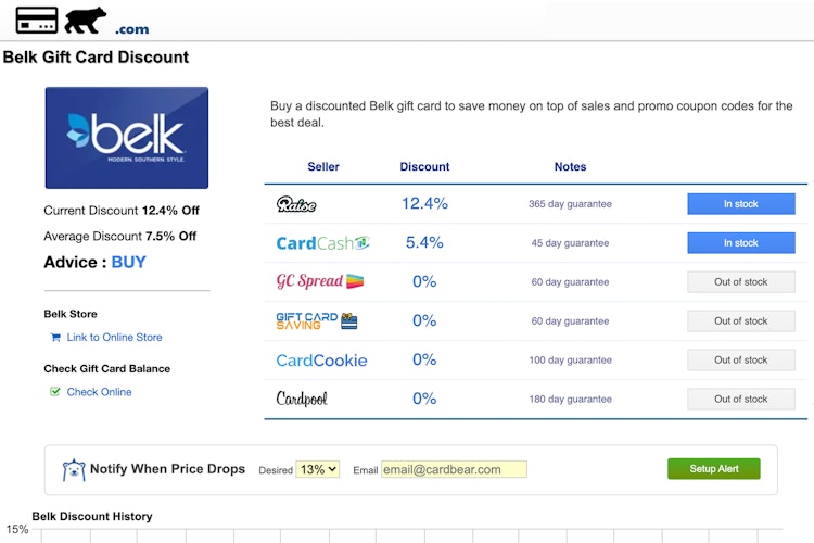 Screen shot of CardBear.com discount gift cards for Belk store.