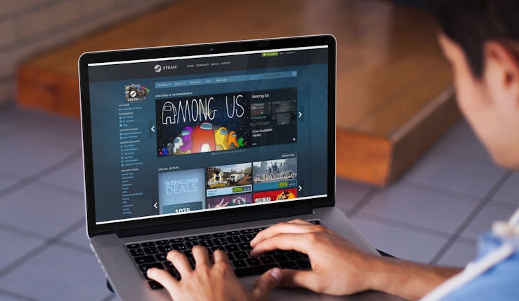 boy looks at steam website on his laptop