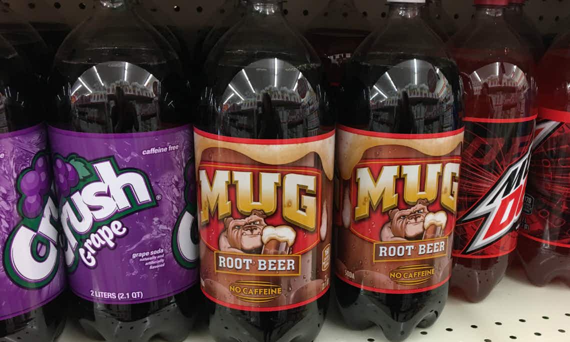 Mug rootbeer, Crush Grape soda and Mountain Dew.