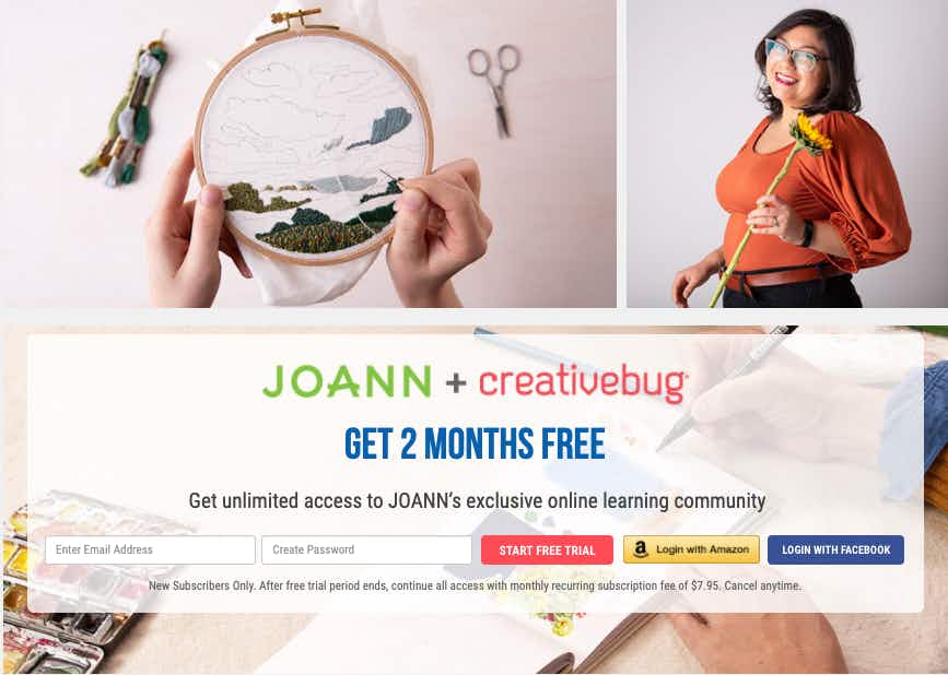 JOANN and Creativebug free online classes sign up webpage