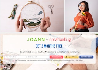 JOANN and Creativebug free online classes sign up webpage