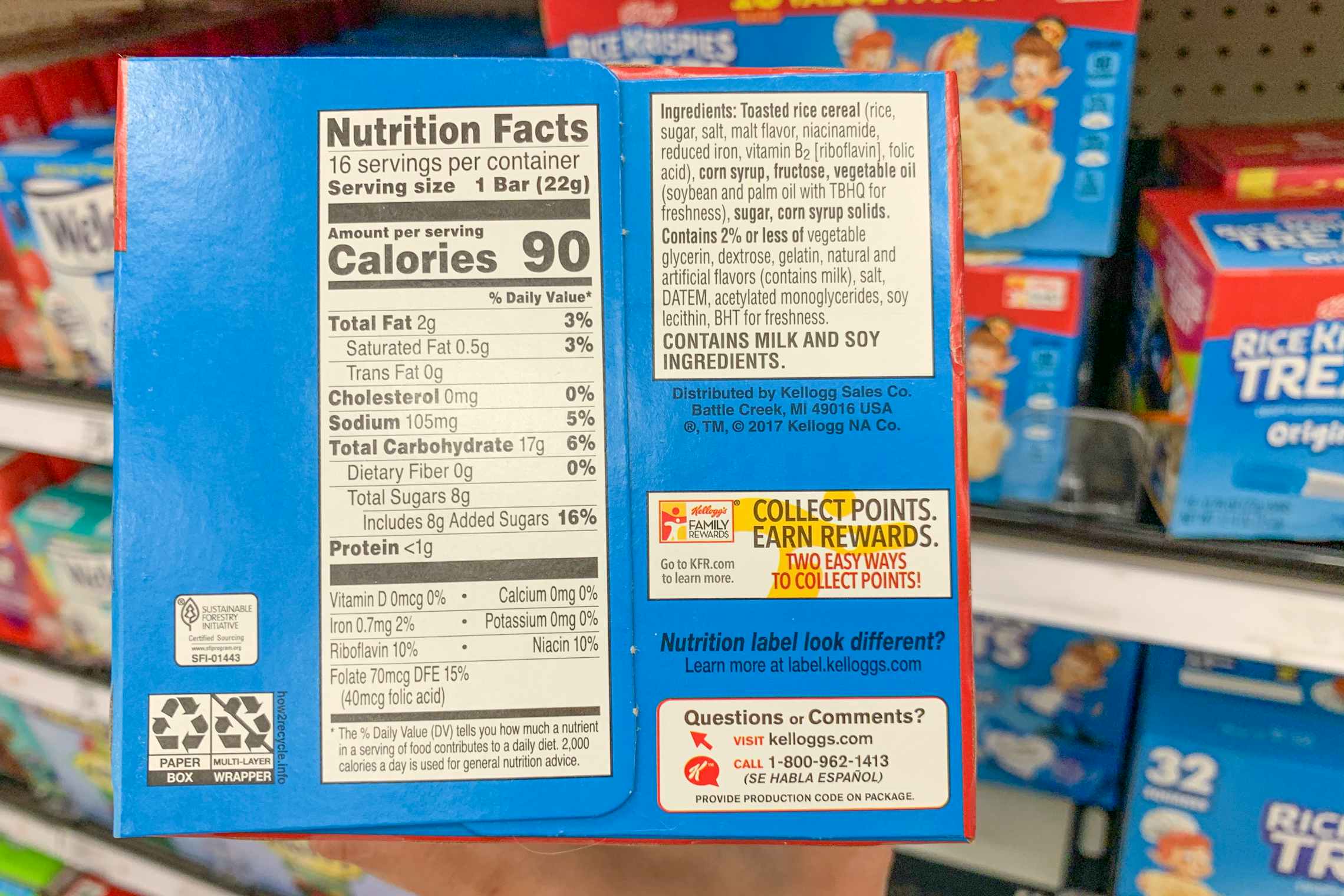 The bottom of a Kelloggs Rice Krispies Treat box showing contact information for the family rewards program.