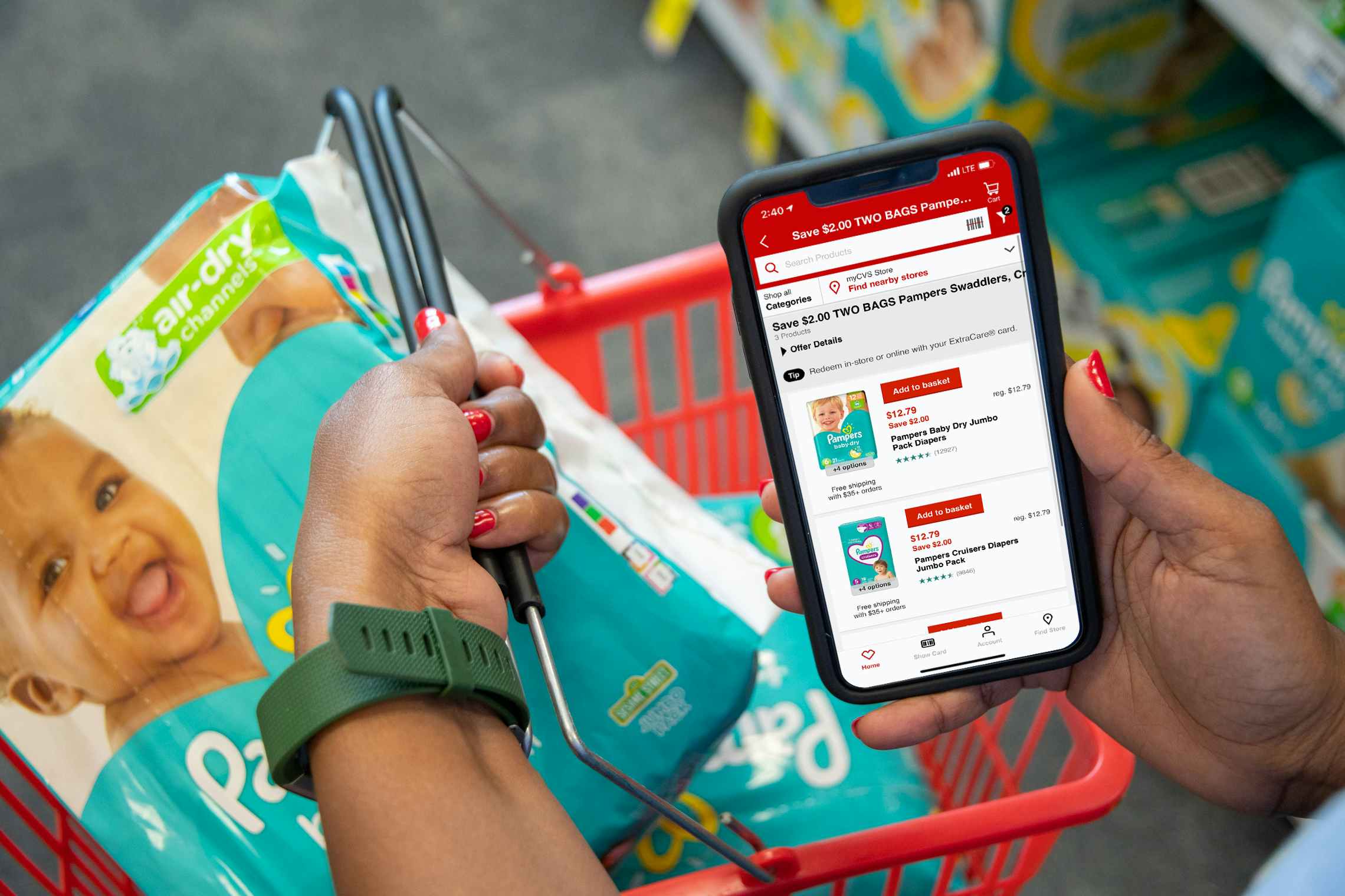 Pampers coupons on the CVS app with a basket holding two packs of pampers diapers.