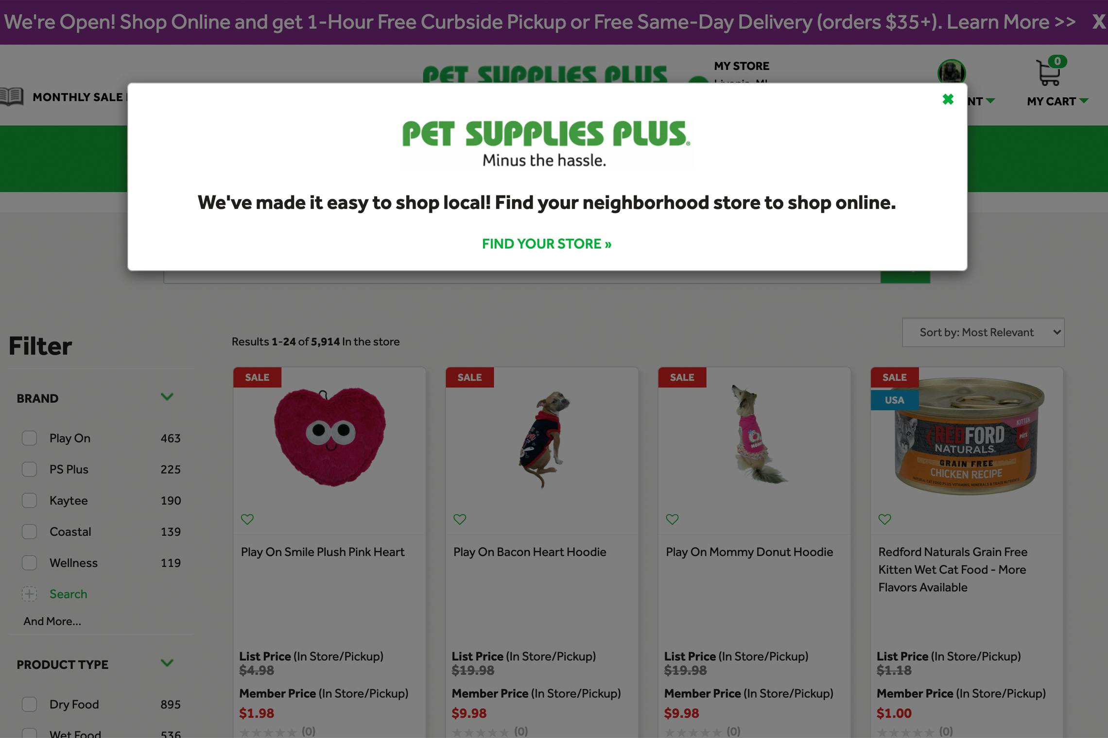 Screenshot of the Pet Supplies Plus website with the Find Your Store pop-up.