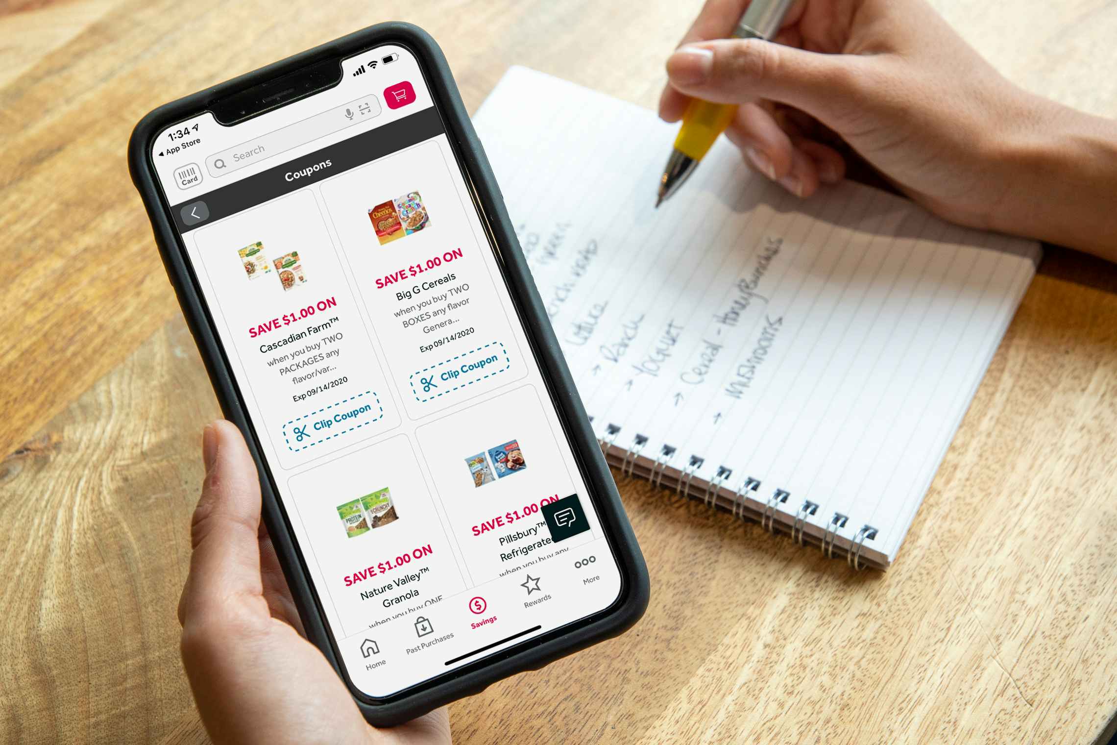 Stop and shop digital coupons on the app with a shopping list next to it.