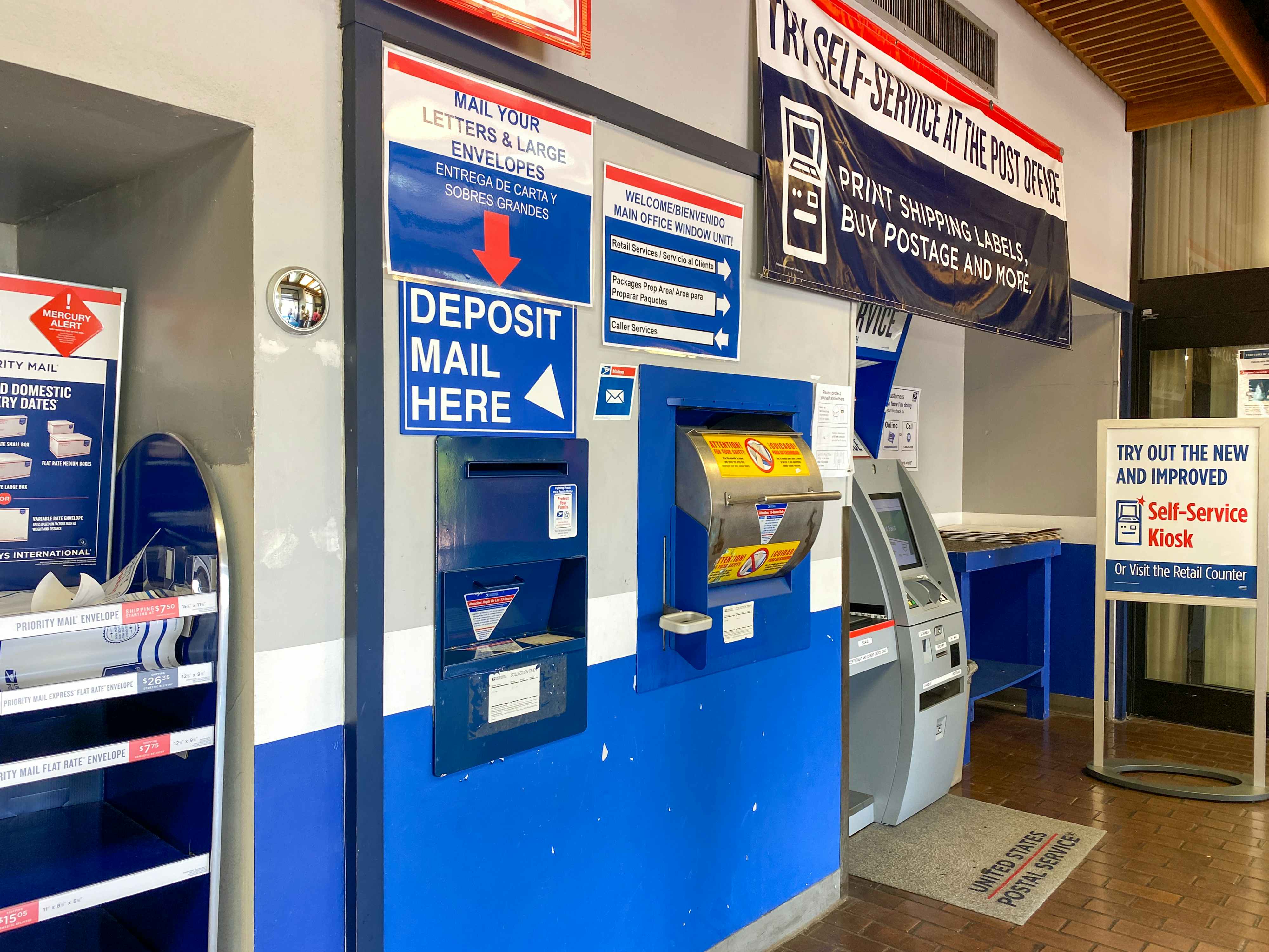 A self mailing station at a United States Post Office in Orlando, Florida