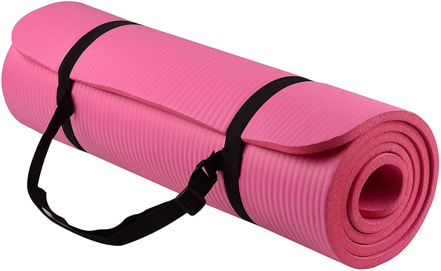 pink Goyoga cheap yoga mat rolled up with black carrying strap for under $30