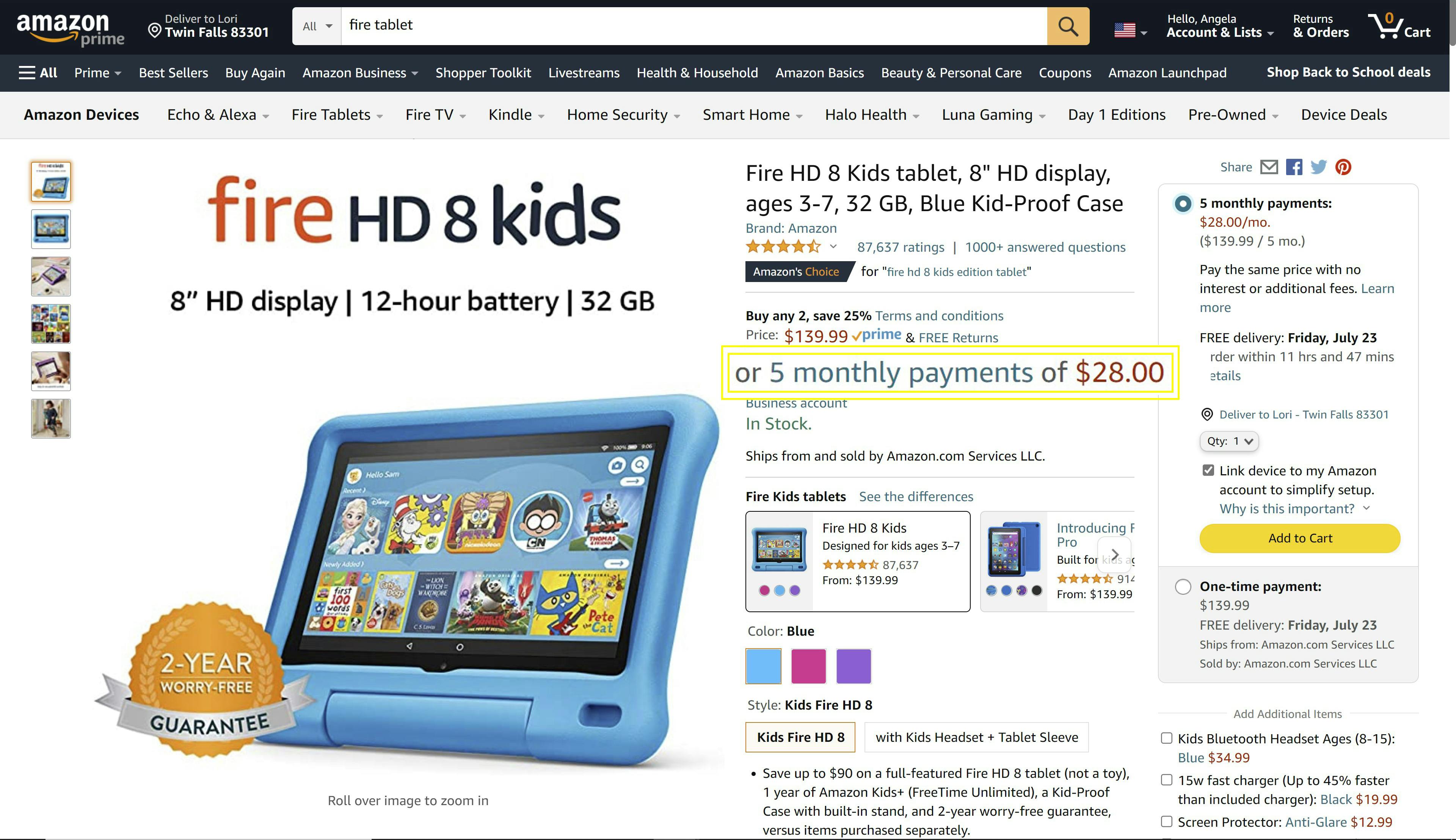 A screenshot of an amazon fire tablet with the 5 monthly payment option circled, showing their buy now pay later option.