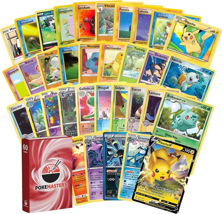 A PokeMasters deck of Pokemon cards on a white background.
