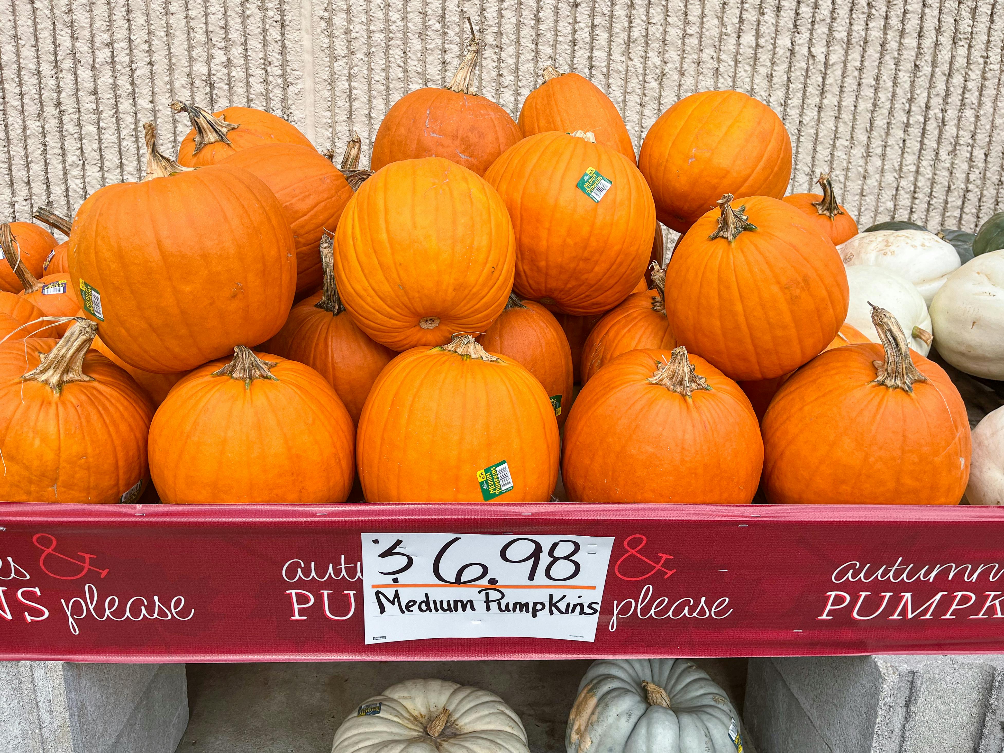 A large display of pumpkins outside of a Home Depot with a price sign of $6.98