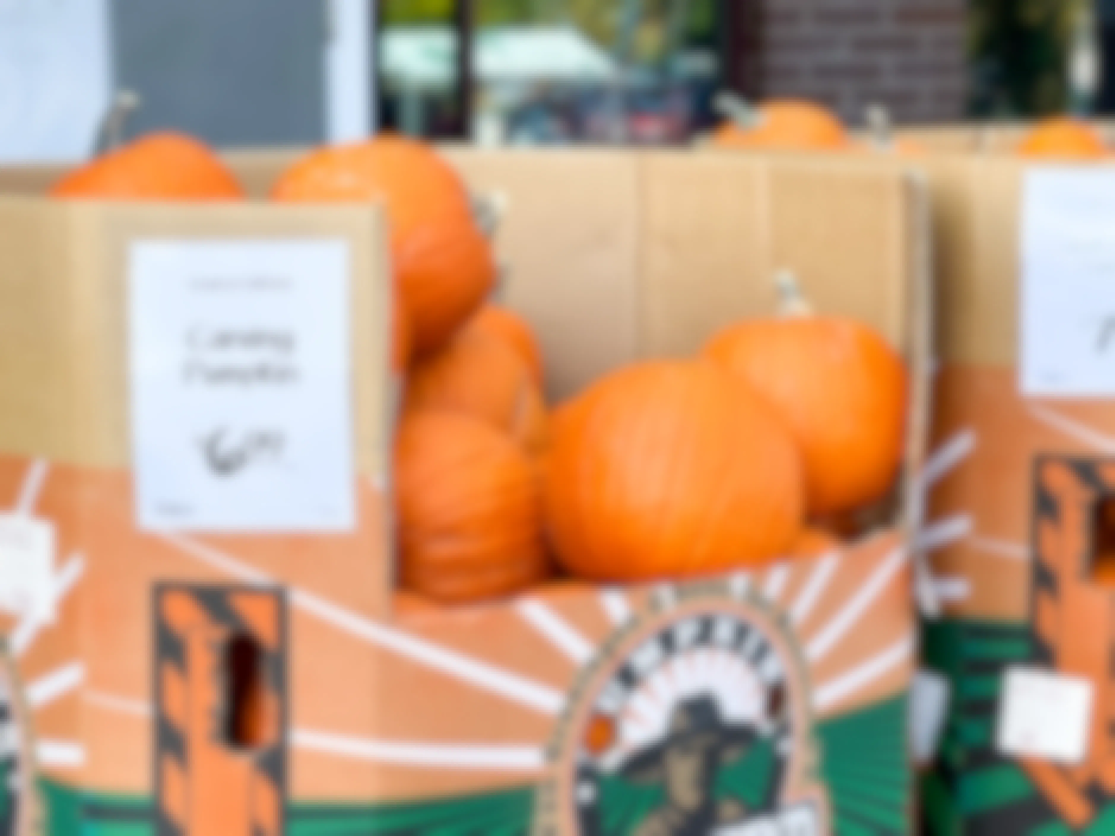 A large box of carving pumpkins outside of a Whole Foods with a sign that reads, "Carving pumpkins $6.99