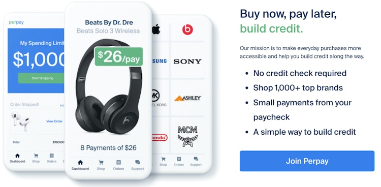 Main website of buy now pay later website perpay and info about the service