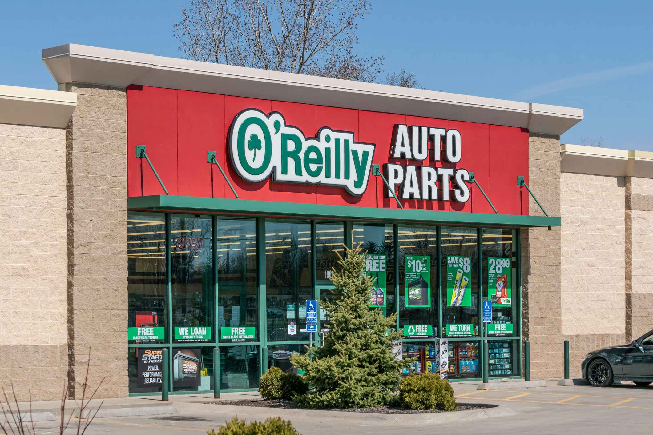 O`Reilly Auto Parts retail exterior and trademark logo