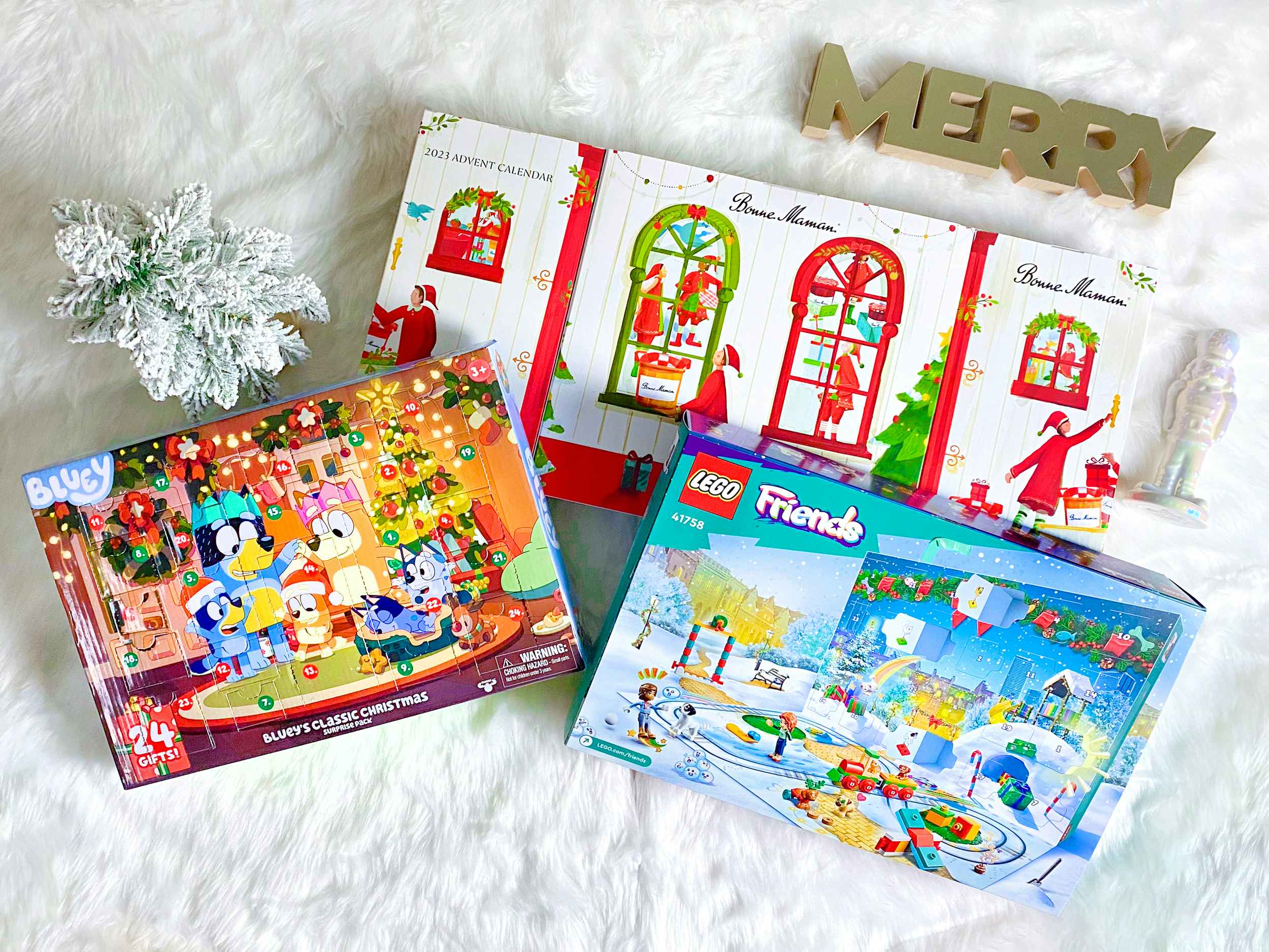 lego friends, bluey, and bonne maman advent calendars