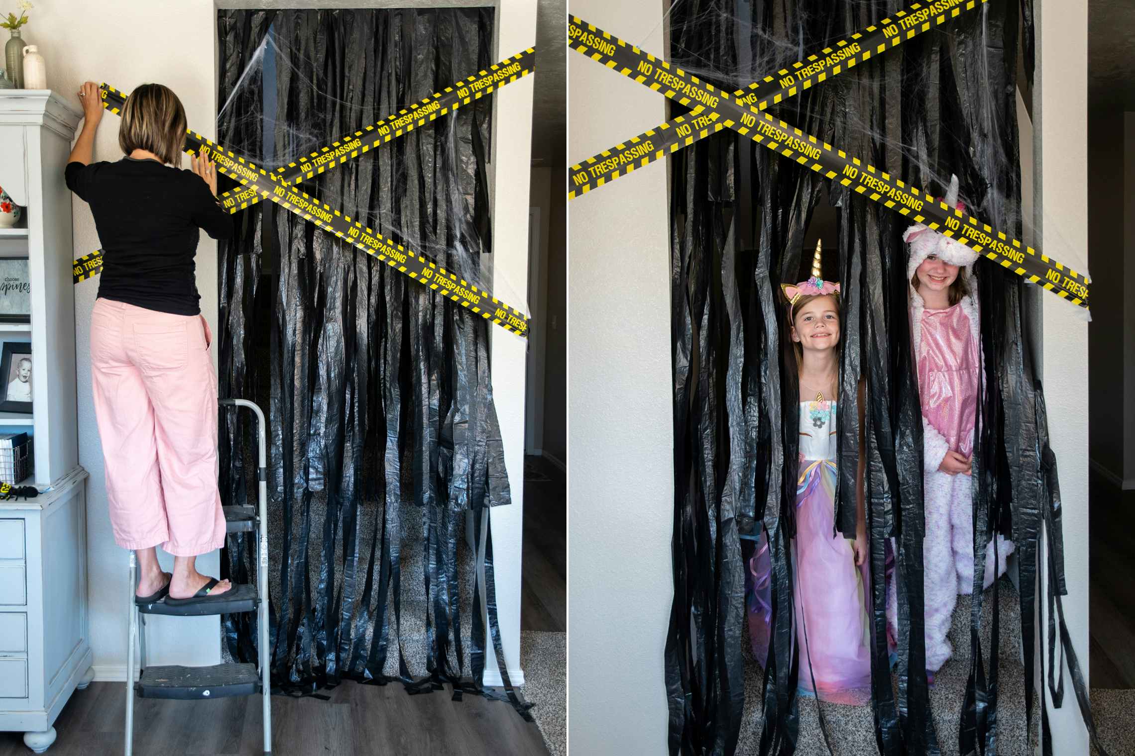 A woman using caution tape, fake spider webs, and cut black garbage bags to create an enterance to an at home haunted house. And a little girl poking their heads through the black garbage bag curtains.