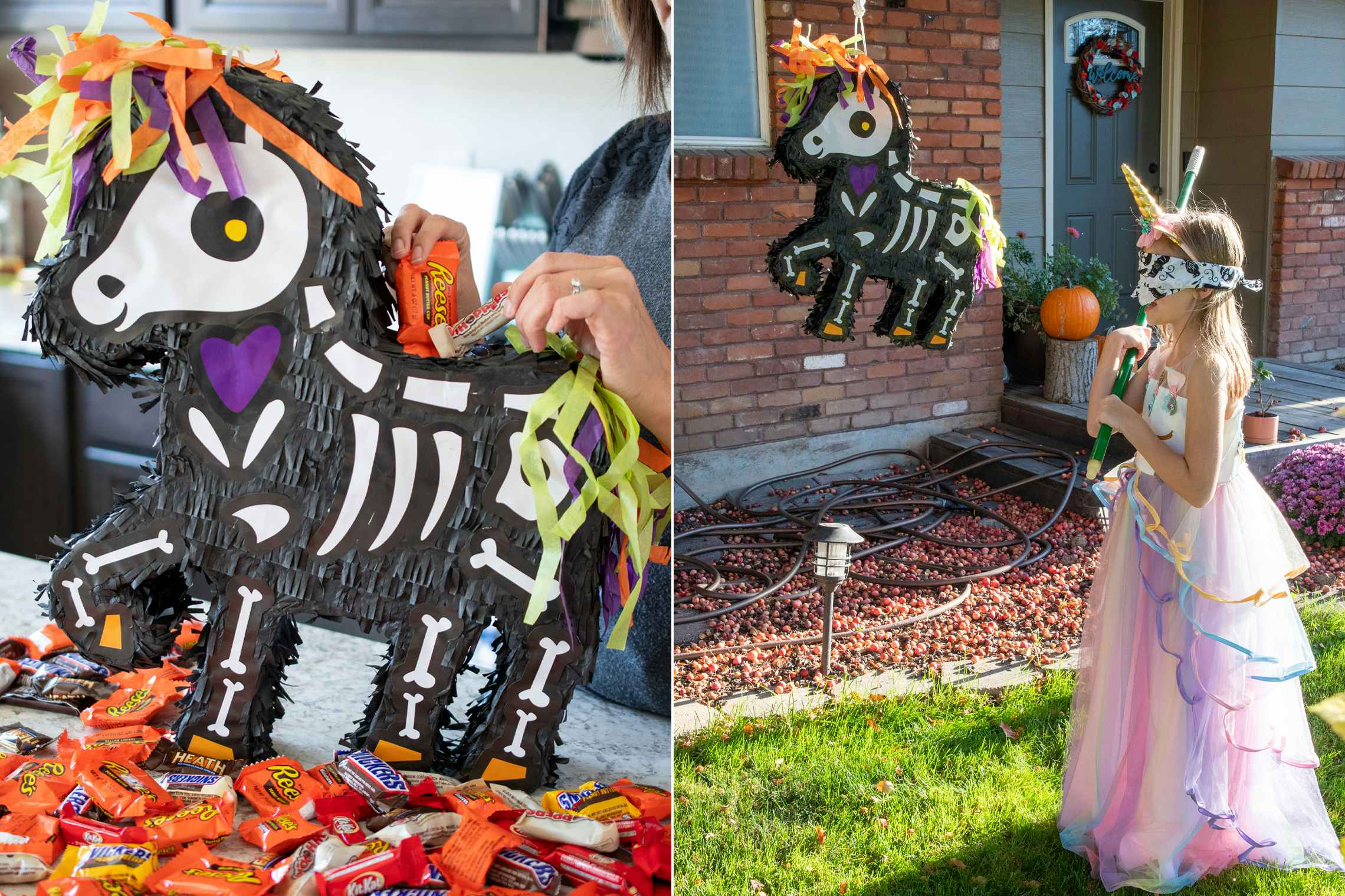A woman filling a Halloween skeleton unicorn piñata with candy and a little girl wearing a blind fold and a halloween costume, holding a broom stick, ready to hit the piñata.