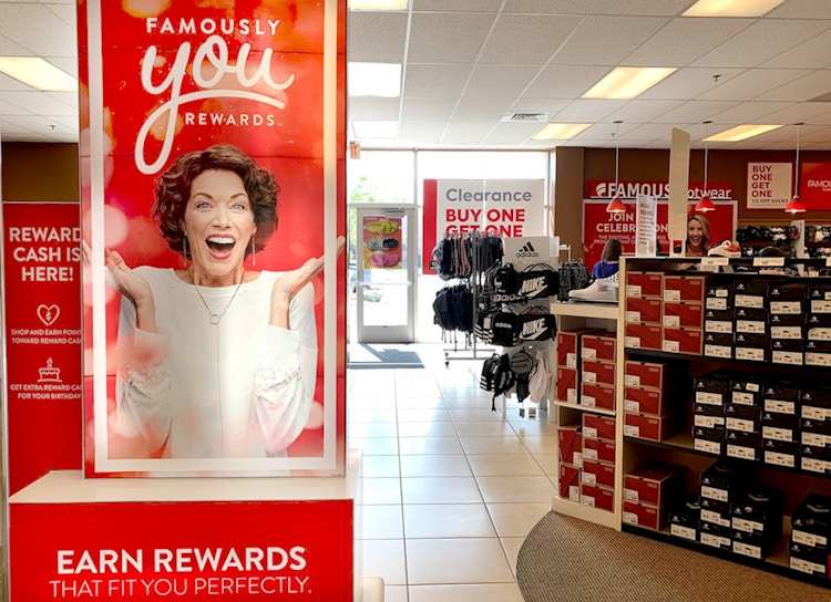 Sign inside famous footwear that says "famously you rewards program
