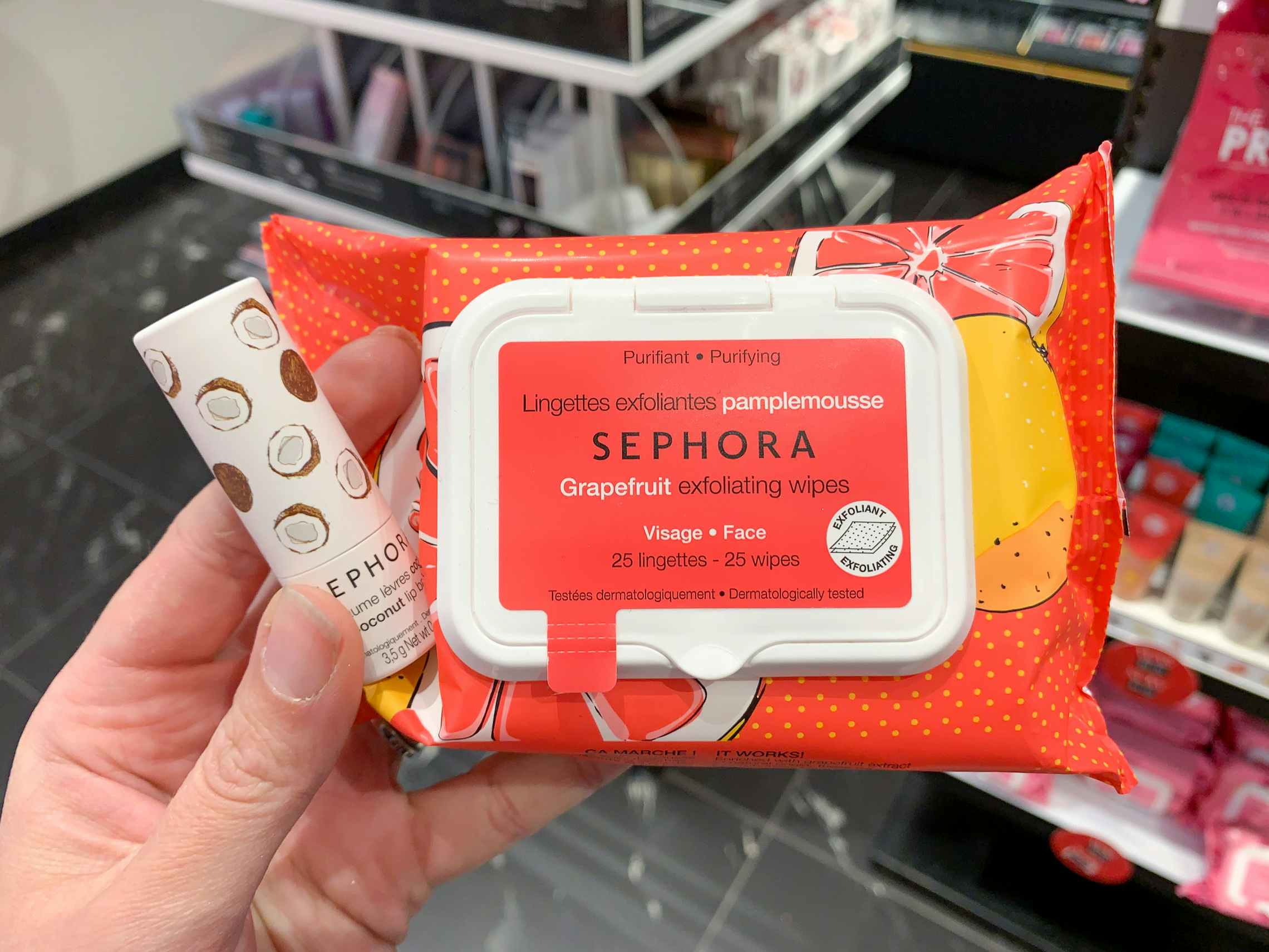 Lip balm and exfoliating face wipes inside Sephora