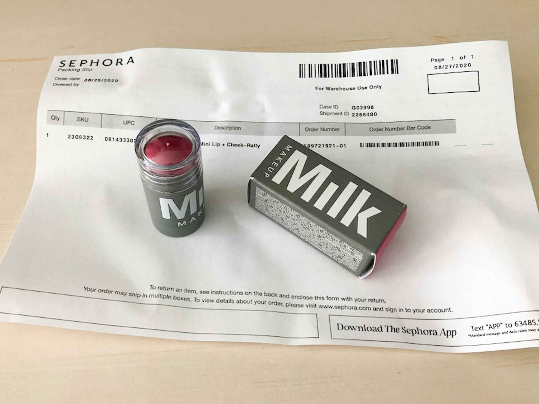 Online order receipt and Milk product from Sephora