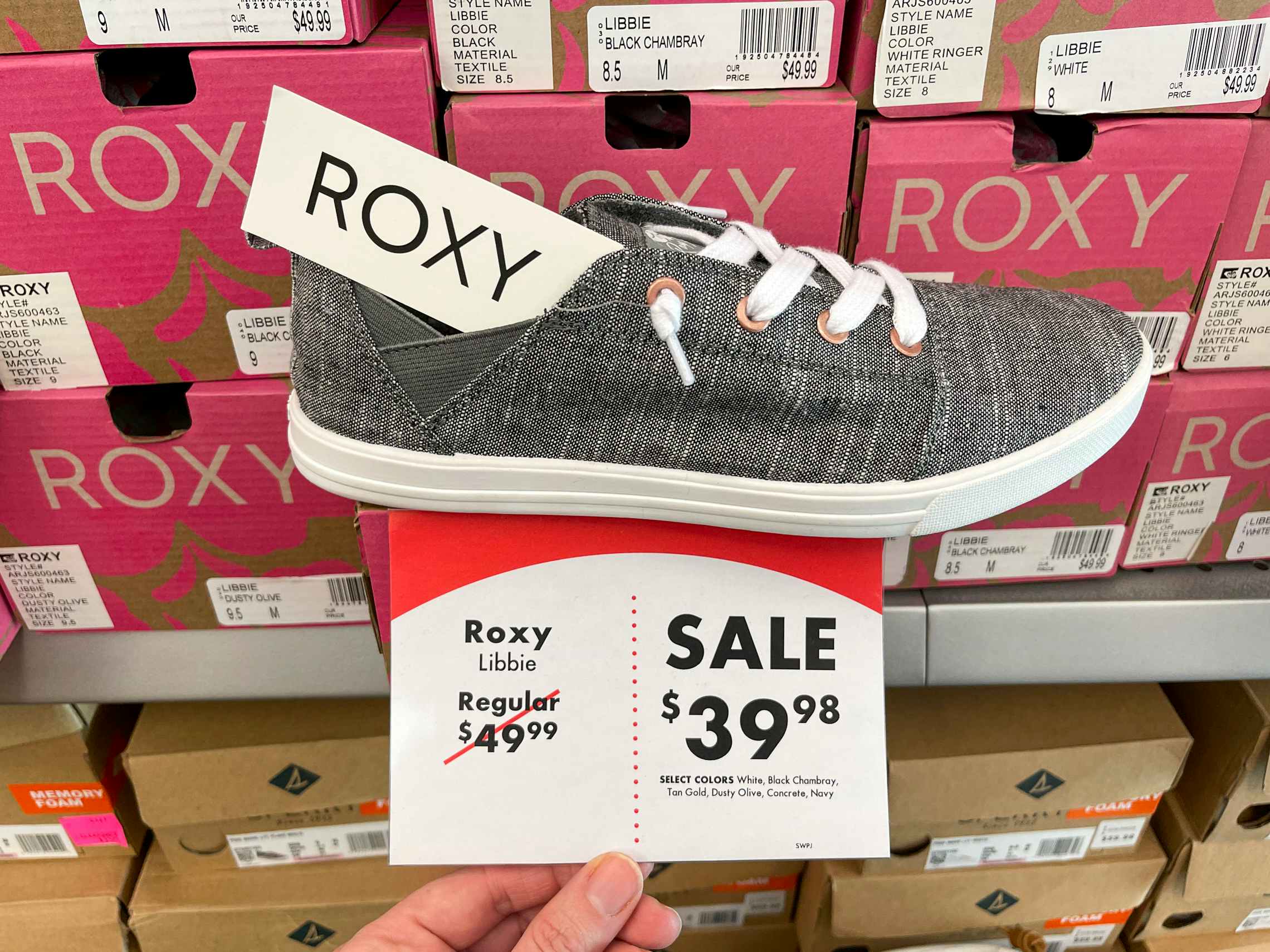 Roxy shoes with a price tag reading "sale $39.98