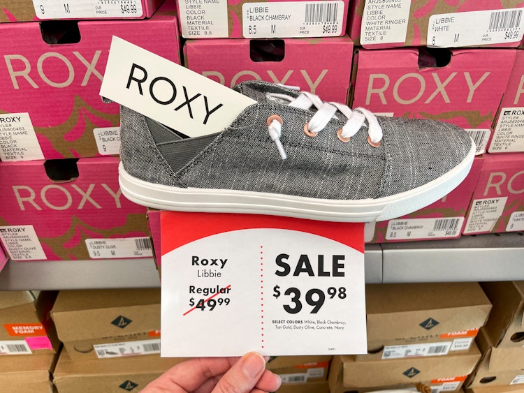 Roxy shoes with a price tag reading "sale $39.98
