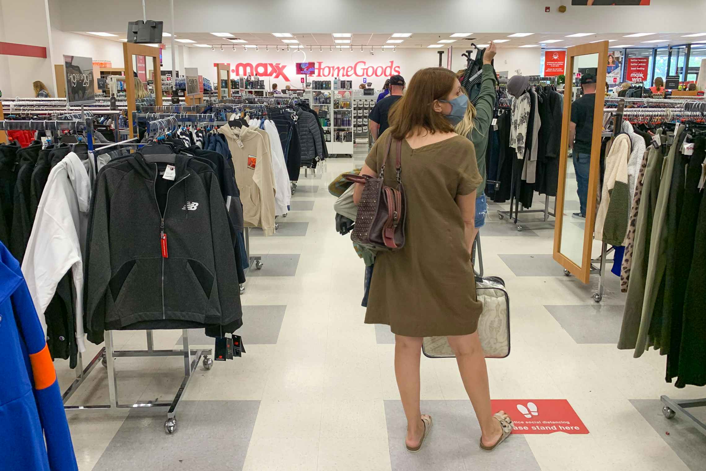 A long line of shoppers waiting in the TJ Maxx Checkout line