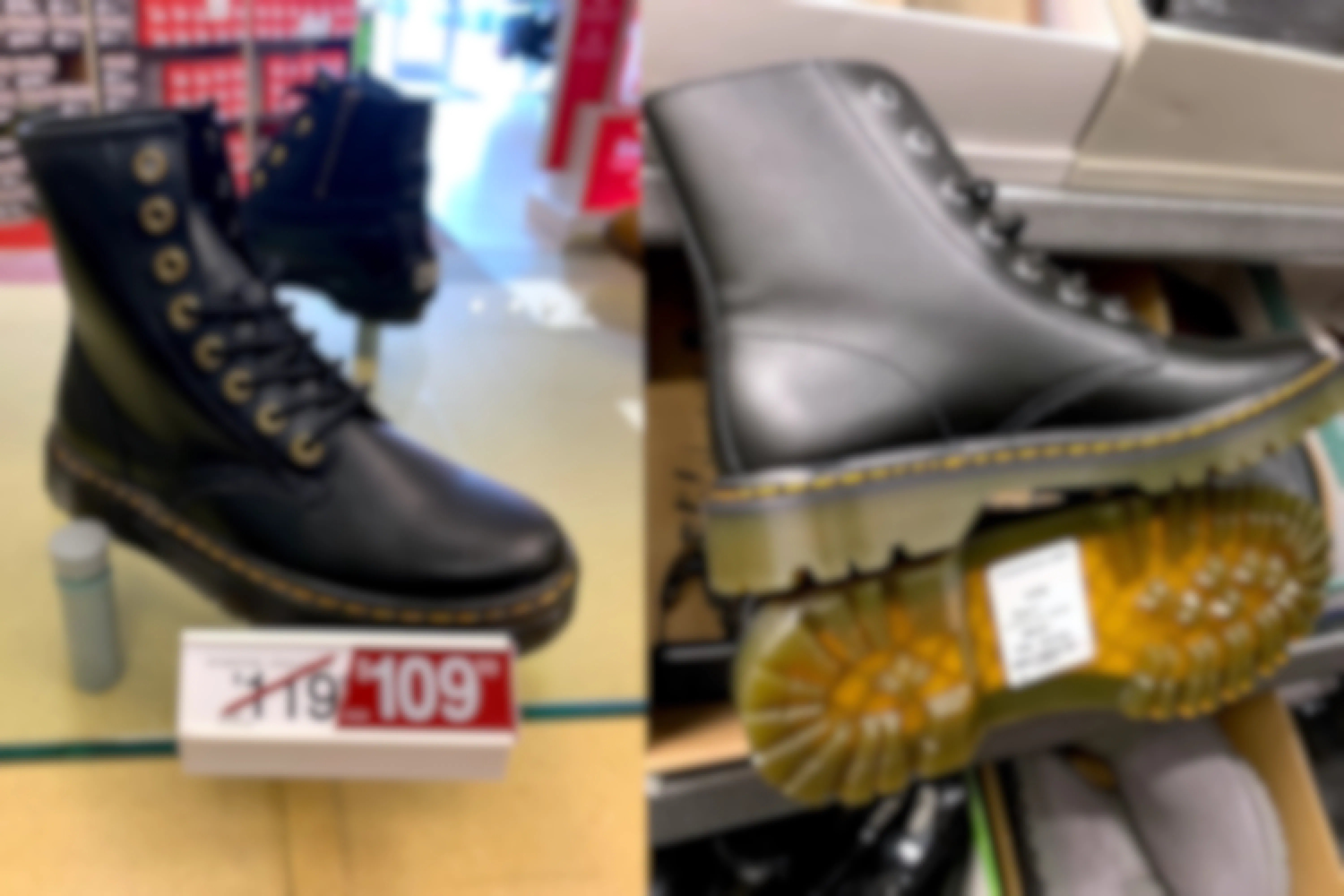 Two photos of Doc Martin shoes side by side showing the price comparison and it is cheaper at Nordstrom Rack than at Famous Footwear