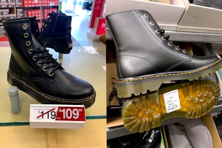 Two photos of Doc Martin shoes side by side showing the price comparison and it is cheaper at Nordstrom Rack than at Famous Footwear