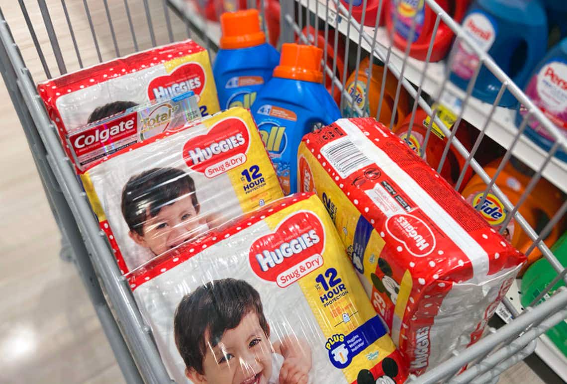 Huggies and Colgate in a shopping cart