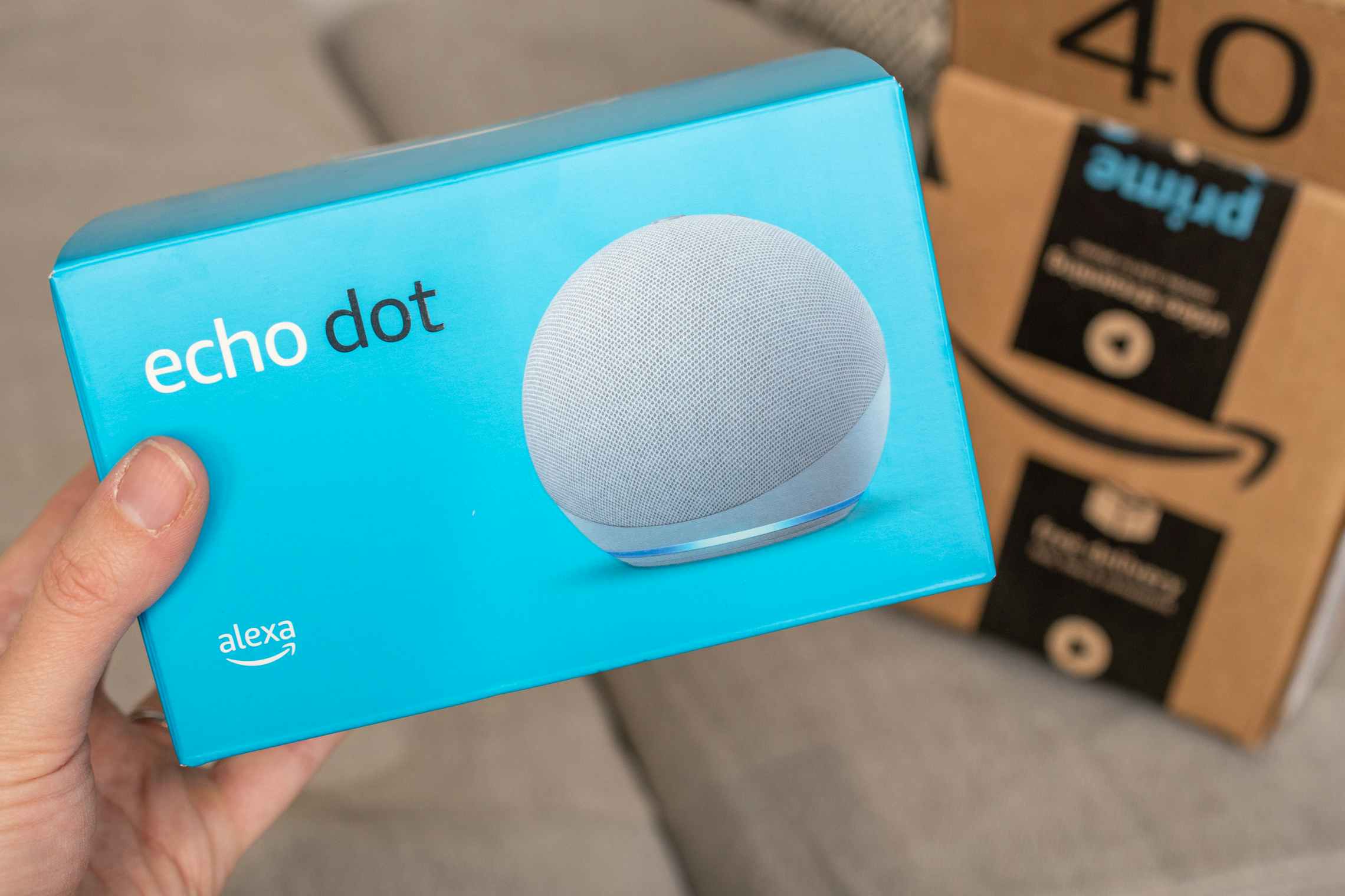a person's handing holding up an Amazon Echo Dot in front of an Amazon Prime package