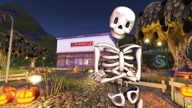 fake skeleton in front of chipotle