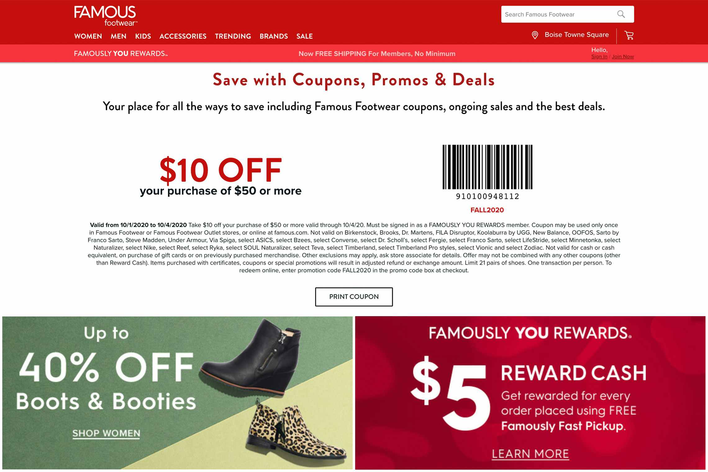 Screenshot of Famous Footwear coupon. 