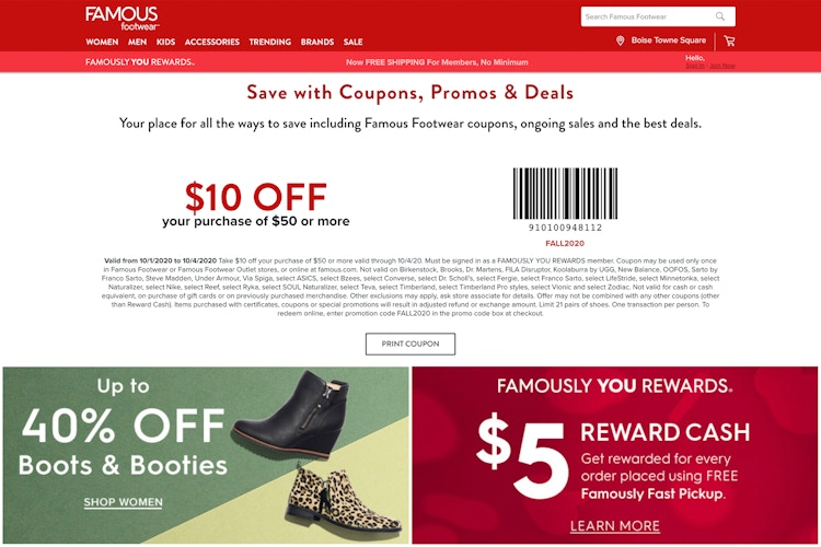 Screenshot of Famous Footwear coupon. 