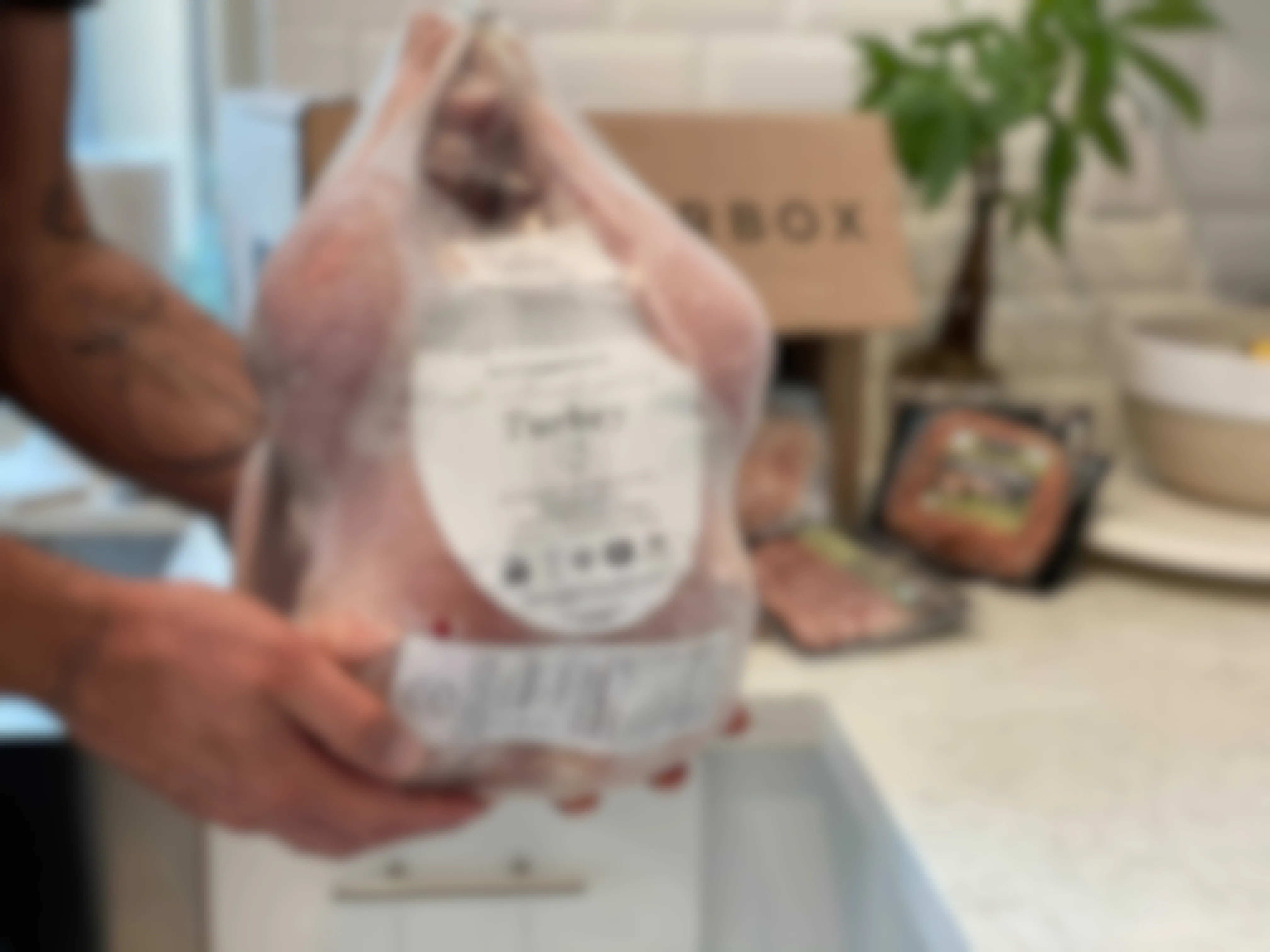 man holding butcherbox turkey in package at home