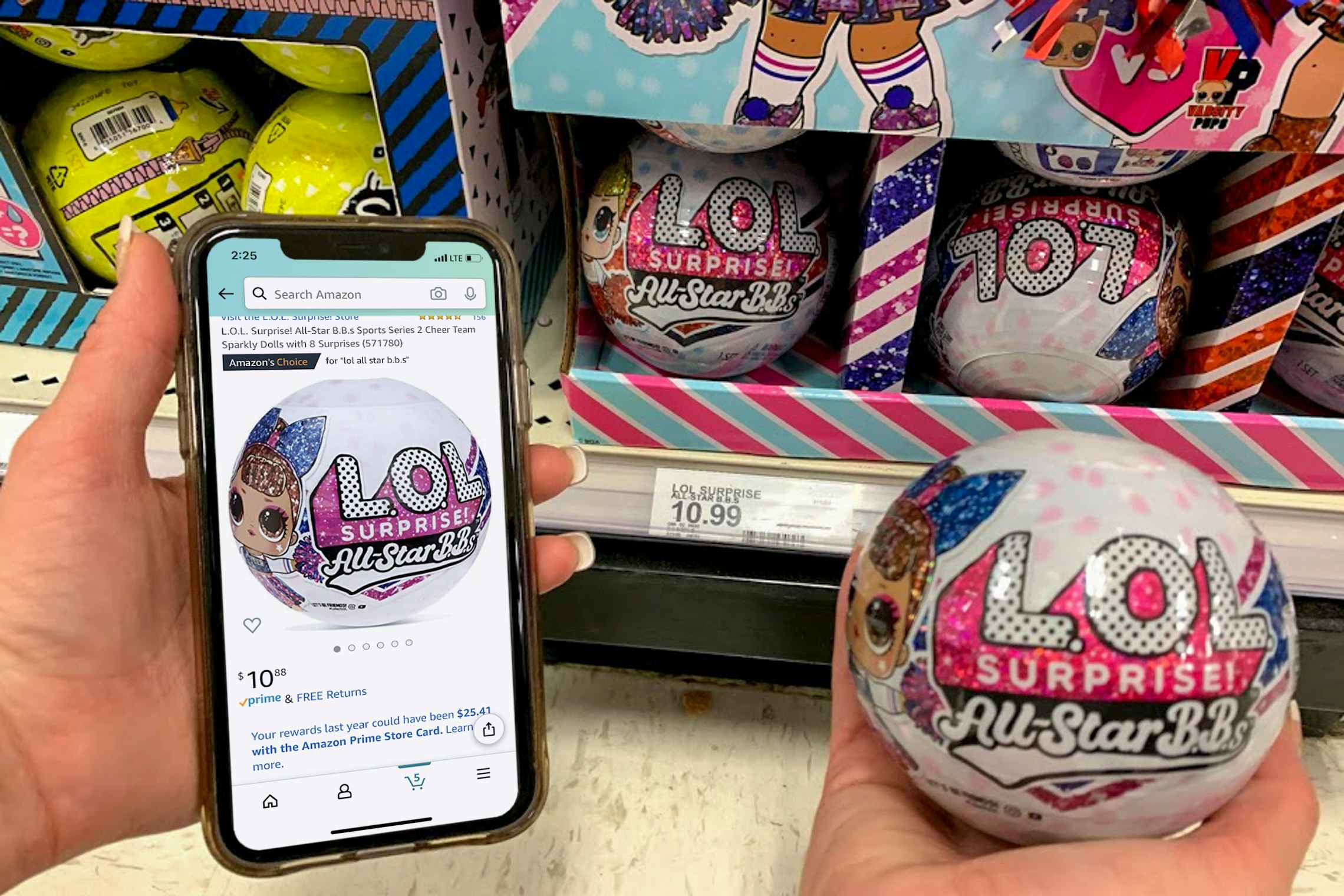 Woman holding up an LOL Surprise all star ball in target doing a price check on her phone using amazon